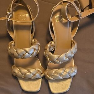 crown & ivy Gold Braided Strap Ankle-Tie Heels